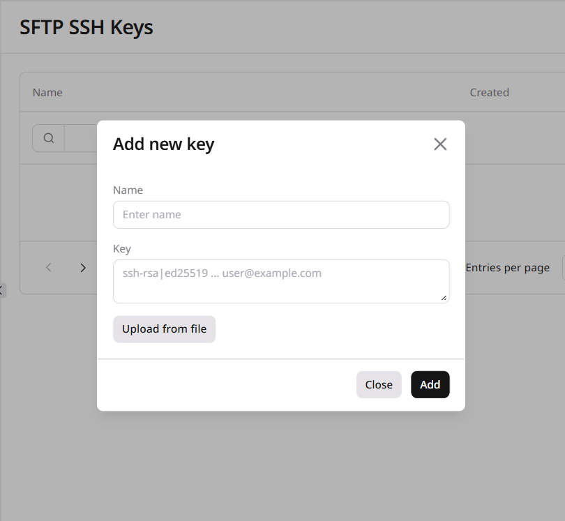 Add new key dialog with Name and Key fields