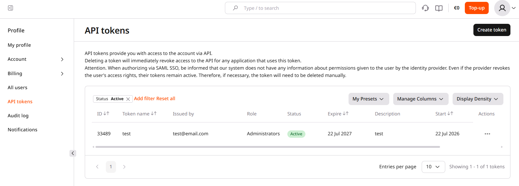 API tokens section