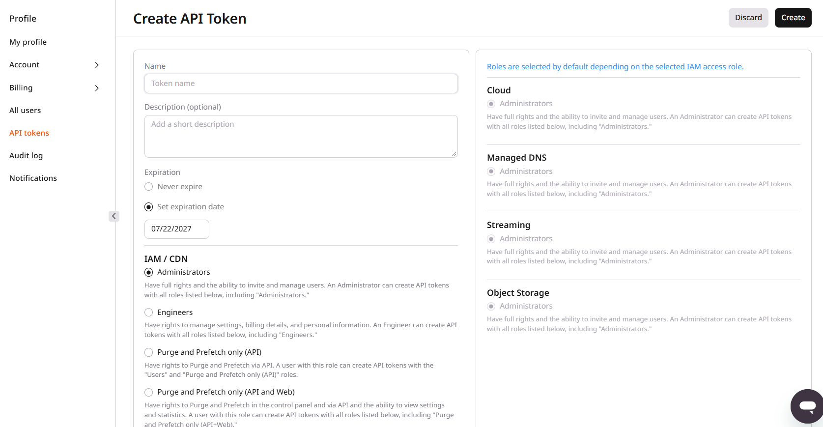 Create API Token dialog