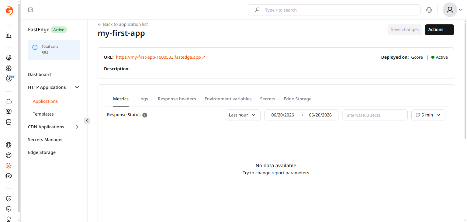 Edgecompute application management page showing the Save changes and Actions buttons and the Metrics, Logs, Response headers, Environment variables, Secrets, and Edge Storage tabs