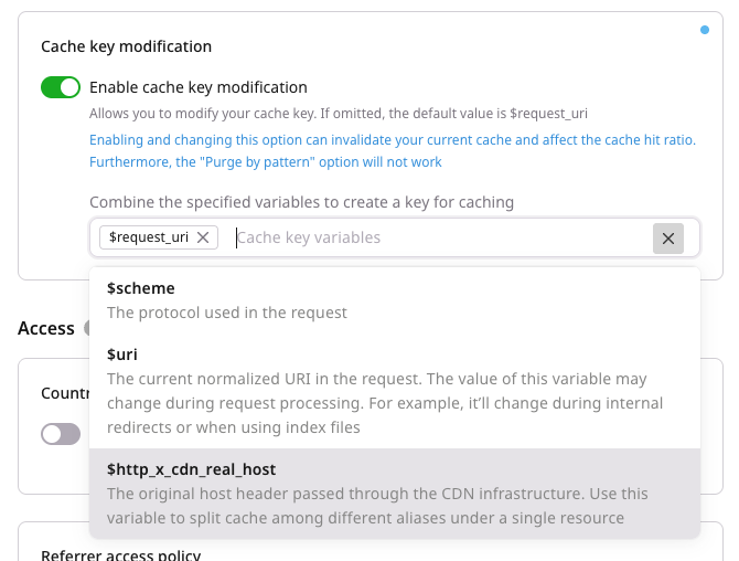 Cache key modification settings