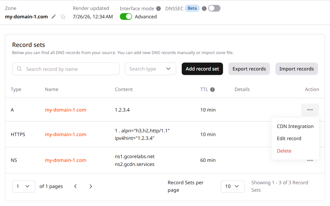 Record sets list with CDN Integration option in the three-dot menu