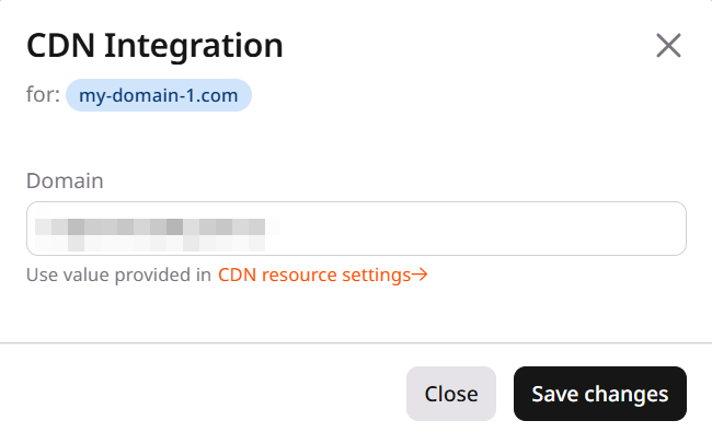 CDN Integration popup with the Domain field pre-filled