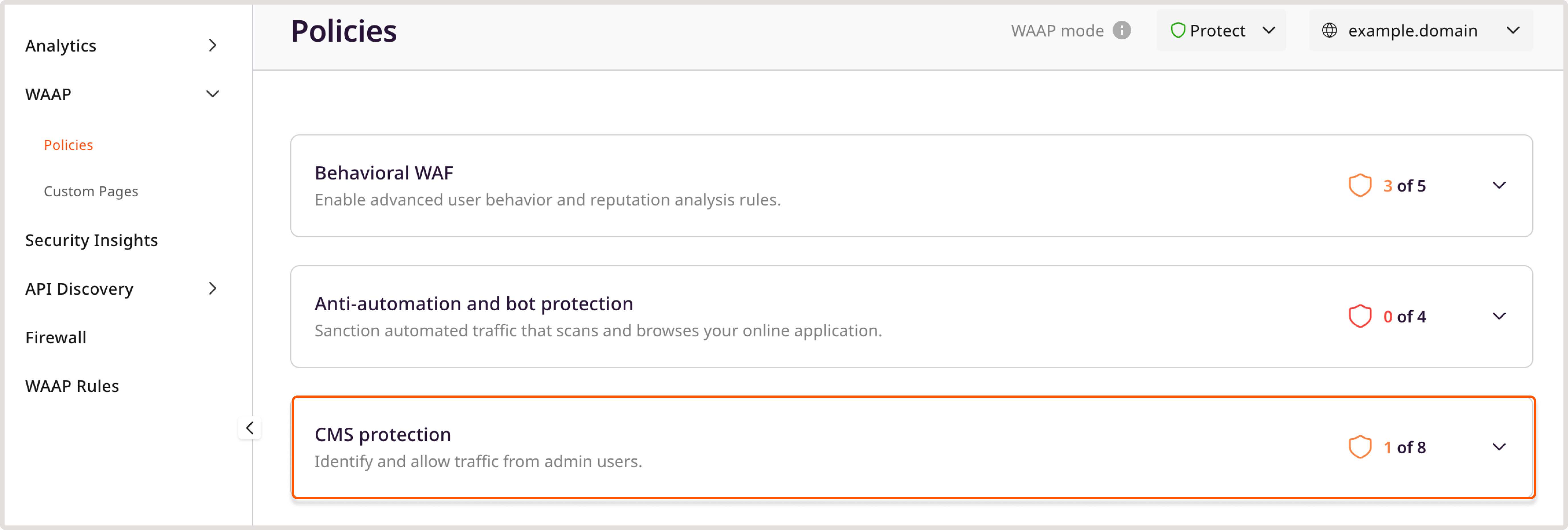 WAAP policies page with the highlighted CMS protection policy