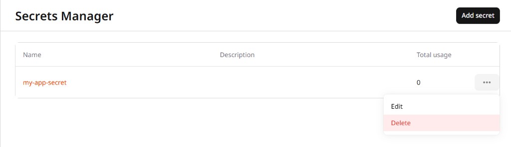 Secrets Manager list with the three-dot menu showing Edit and Delete options