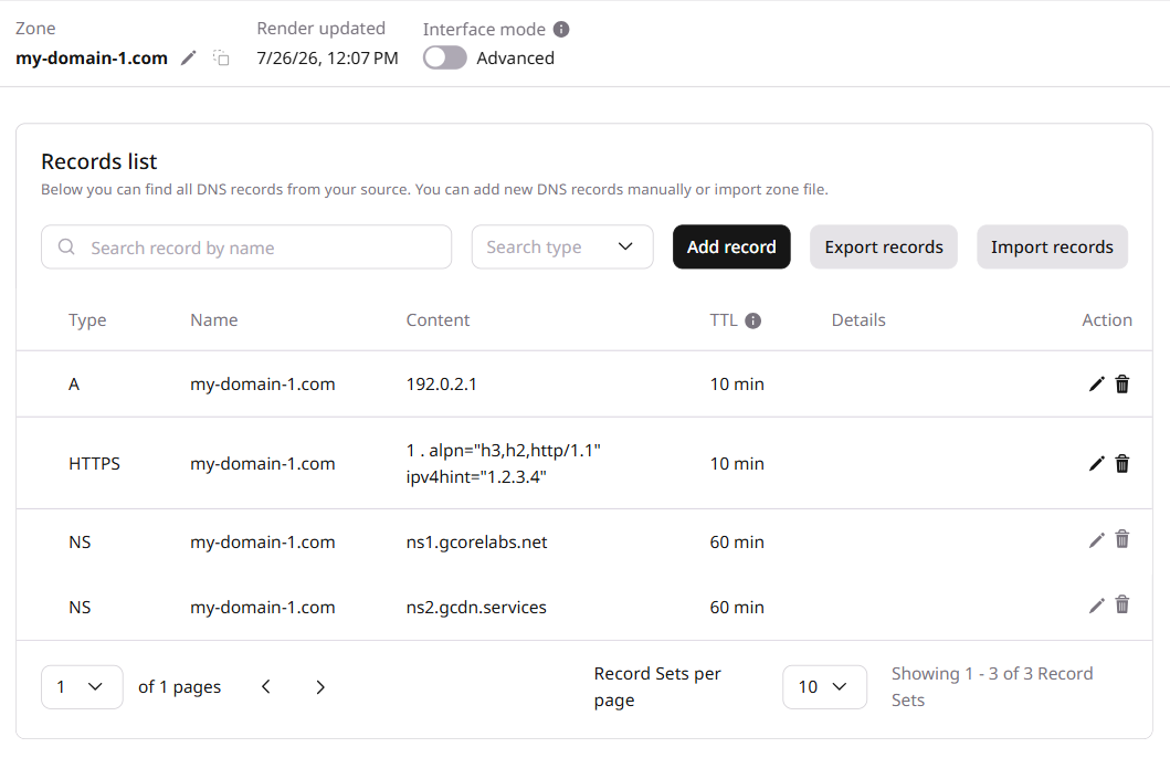 DNS zone records in the CDB Technical Web Portal