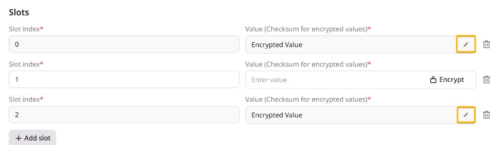 Edit secret form with the pencil icon next to the encrypted value field