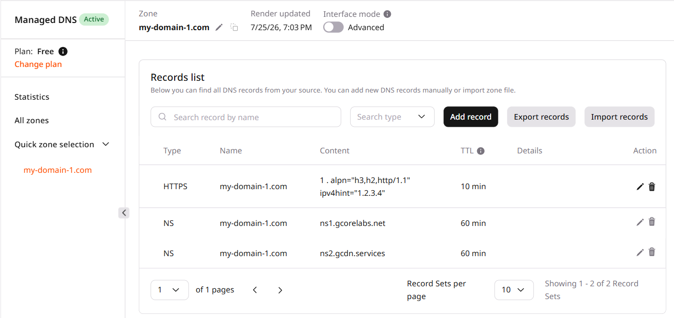 Zone records list with the Add record button
