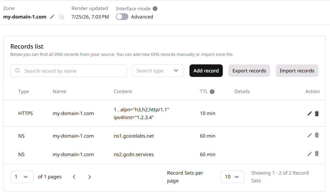 Zone records list showing the new HTTPS record