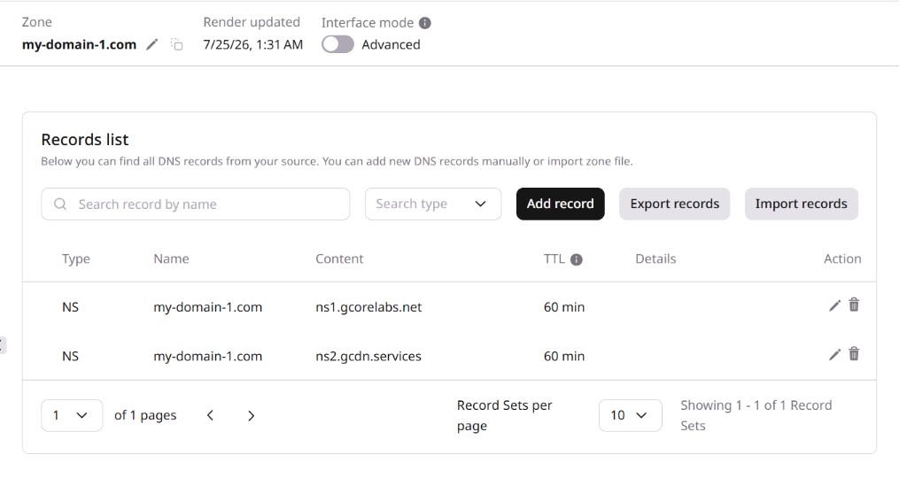 Zone records page with Export records and Import records buttons