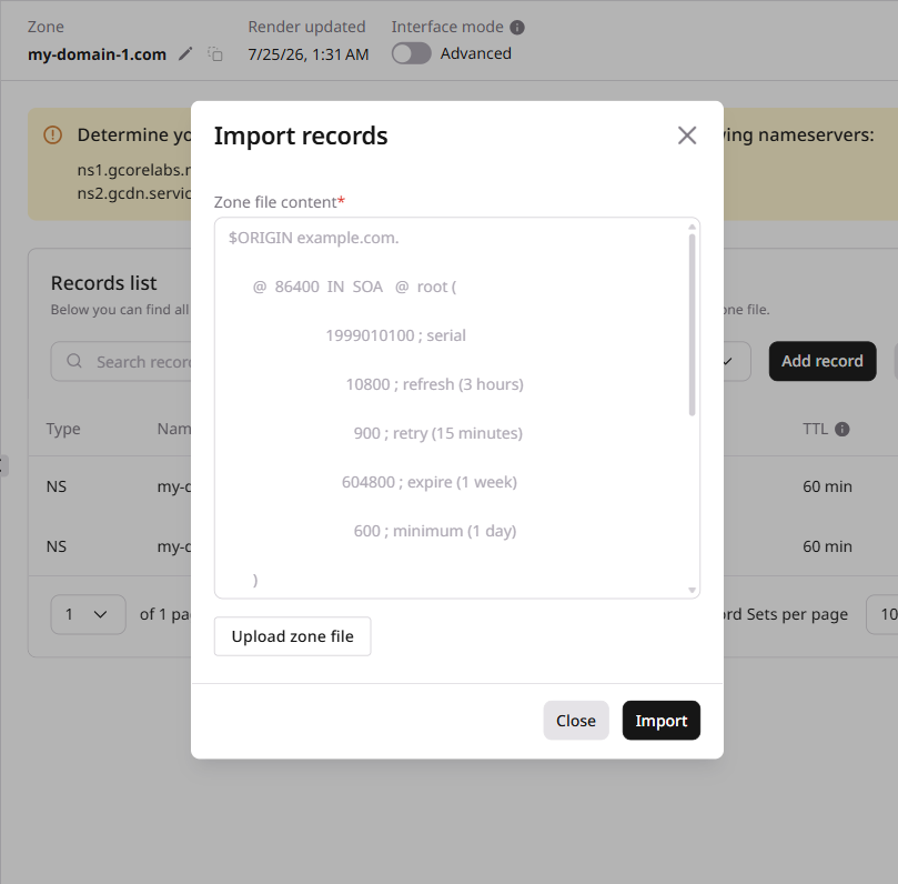 Import records dialog with zone file content field and Upload zone file button