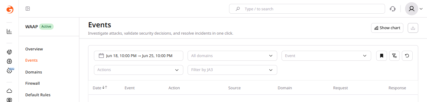 Events page with the JA3 filter selected in the filter bar