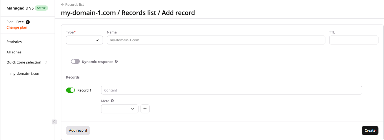Add record form with Type, Name, TTL, Dynamic response, and Records fields