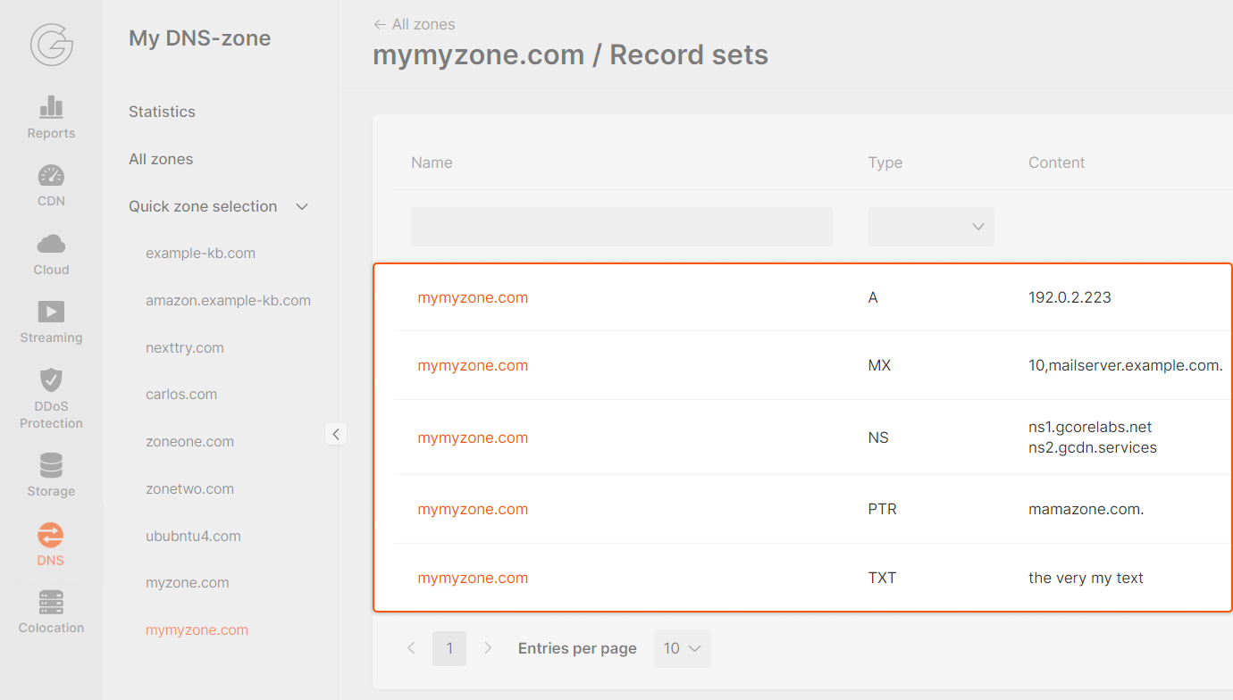 DNS page in the CDB Technical Web Portal