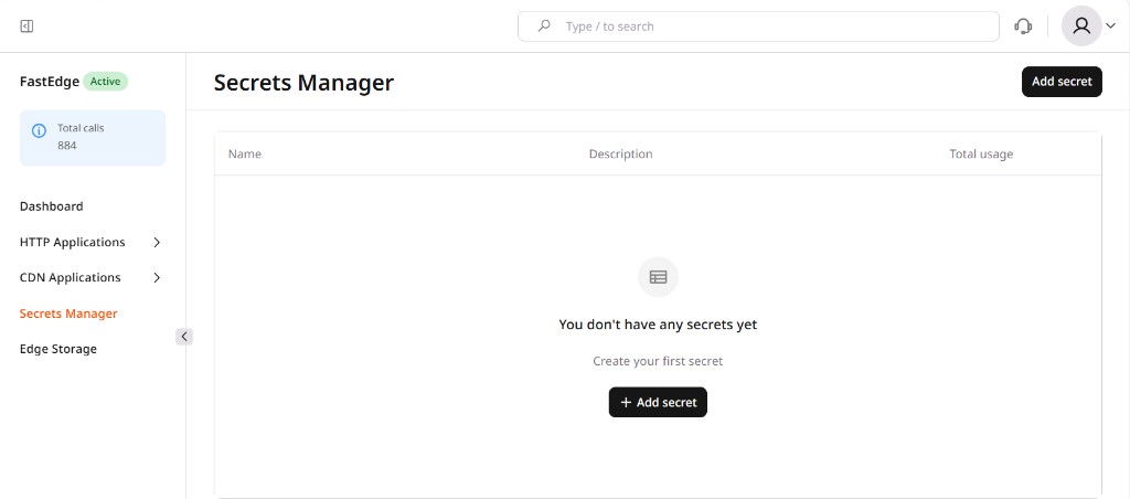 Secrets Manager page with the Add secret button