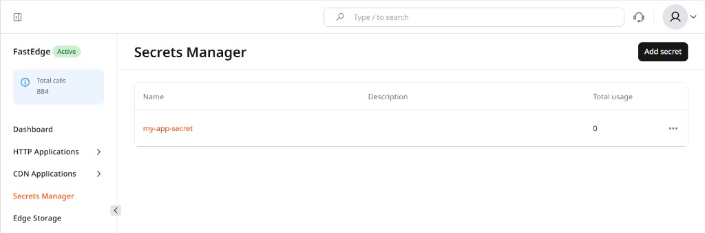 Secrets Manager list showing a secret entry