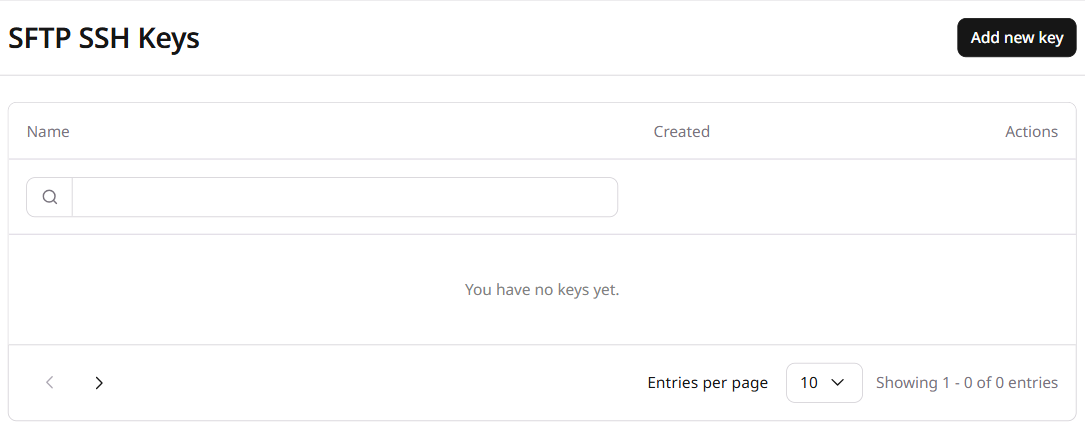 SFTP SSH Keys page with the Add new key button