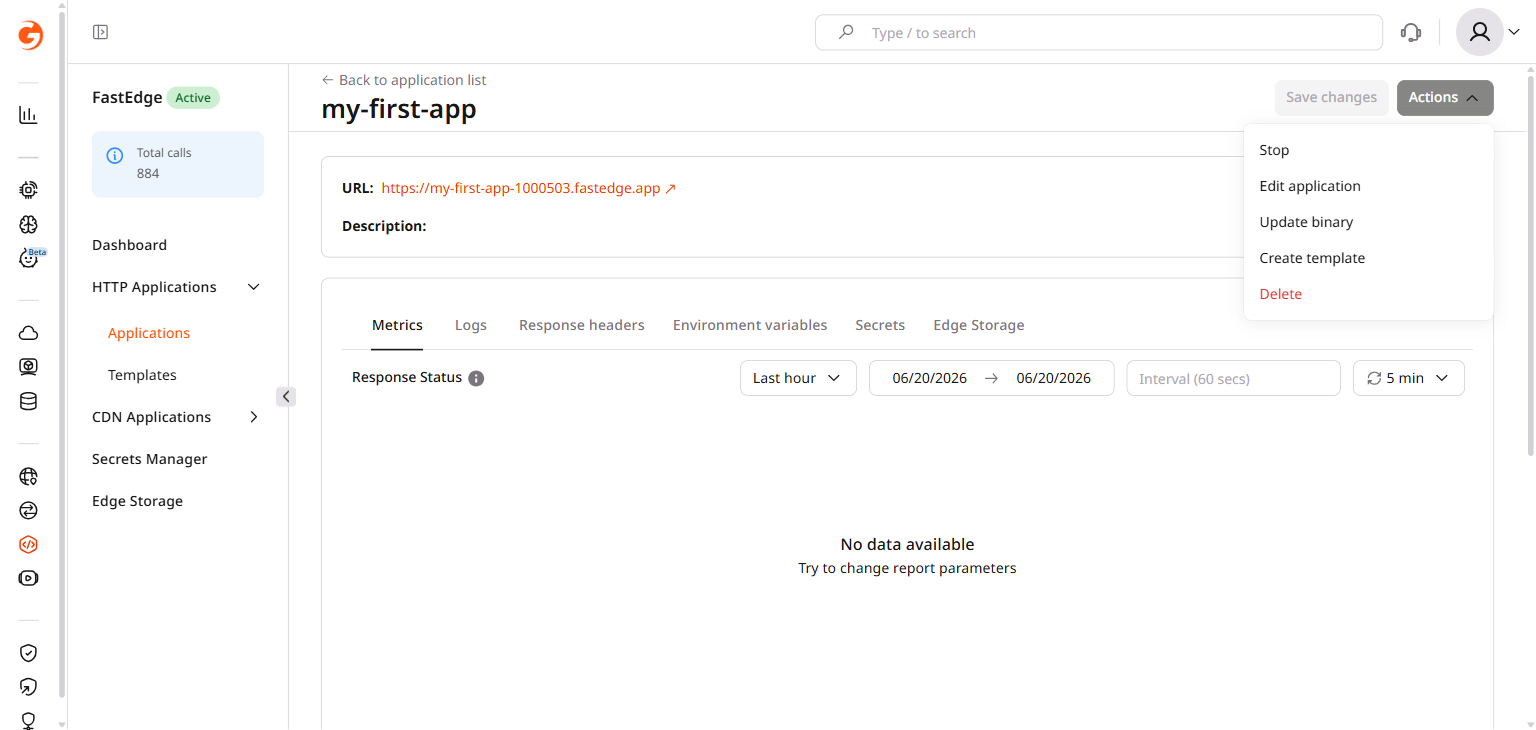 Application management page with the Actions menu open showing Stop, Edit application, Update binary, Create template, and Delete