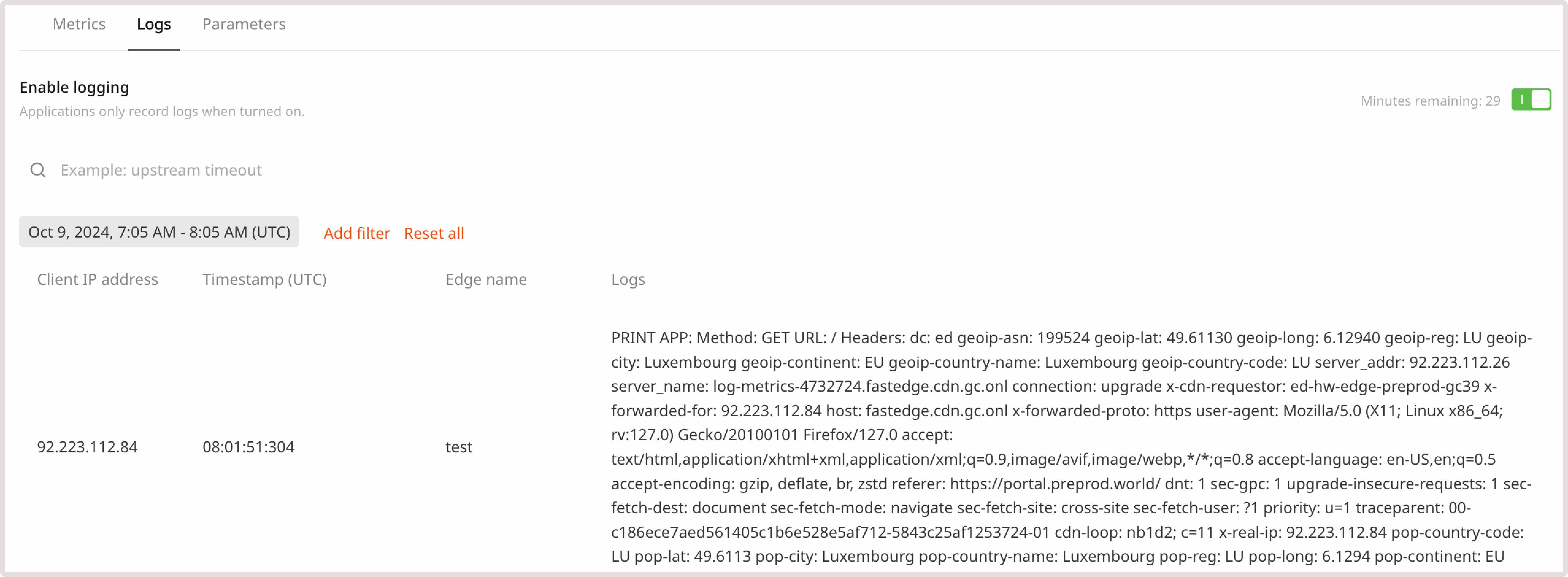 CDB EdgeCompute appl page with logging tab
open