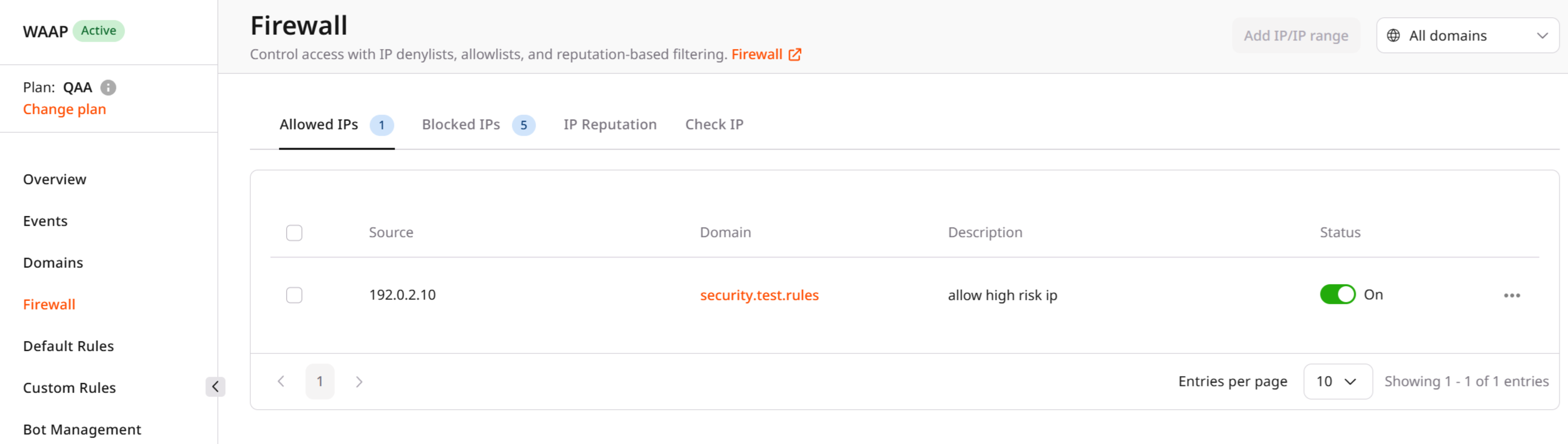 Firewall page in the Customer Portal
